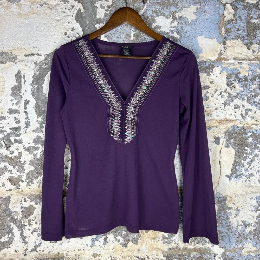 Anxiety Embroidered V-Neck Purple Whimsigoth Beaded Sequin Mesh Top Large